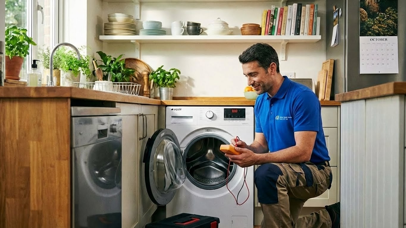 Altınşehir Arçelik servisi teknisyeni ev ortamında çamaşır makinesi arıza tespiti yaparken.