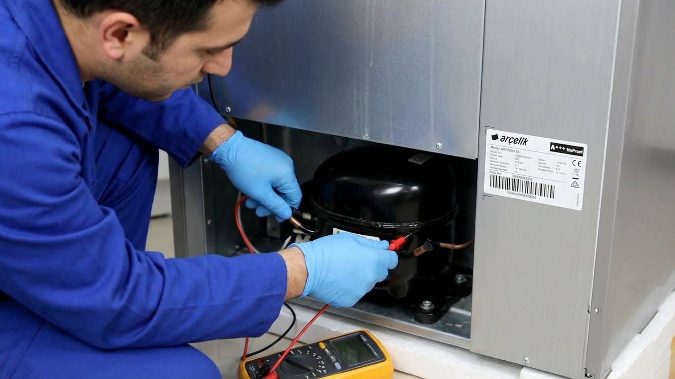 Arçelik marka etiketli buzdolabının arka motor bölümünde kompresör arızası ve gaz ölçümü yapan uzman.