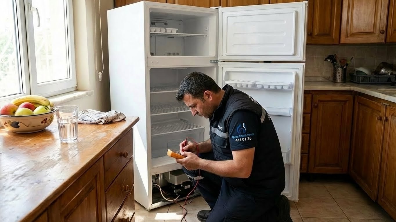 İkitelli bölgesinde evde Arçelik buzdolabı motor arıza tespiti yapan teknik servis personeli.