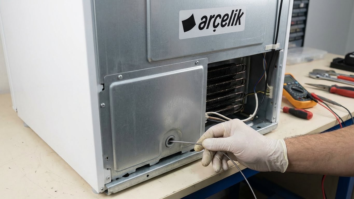 Arçelik buzdolabı su akıtıyor sorunu için tahliye kanalı temizliği.